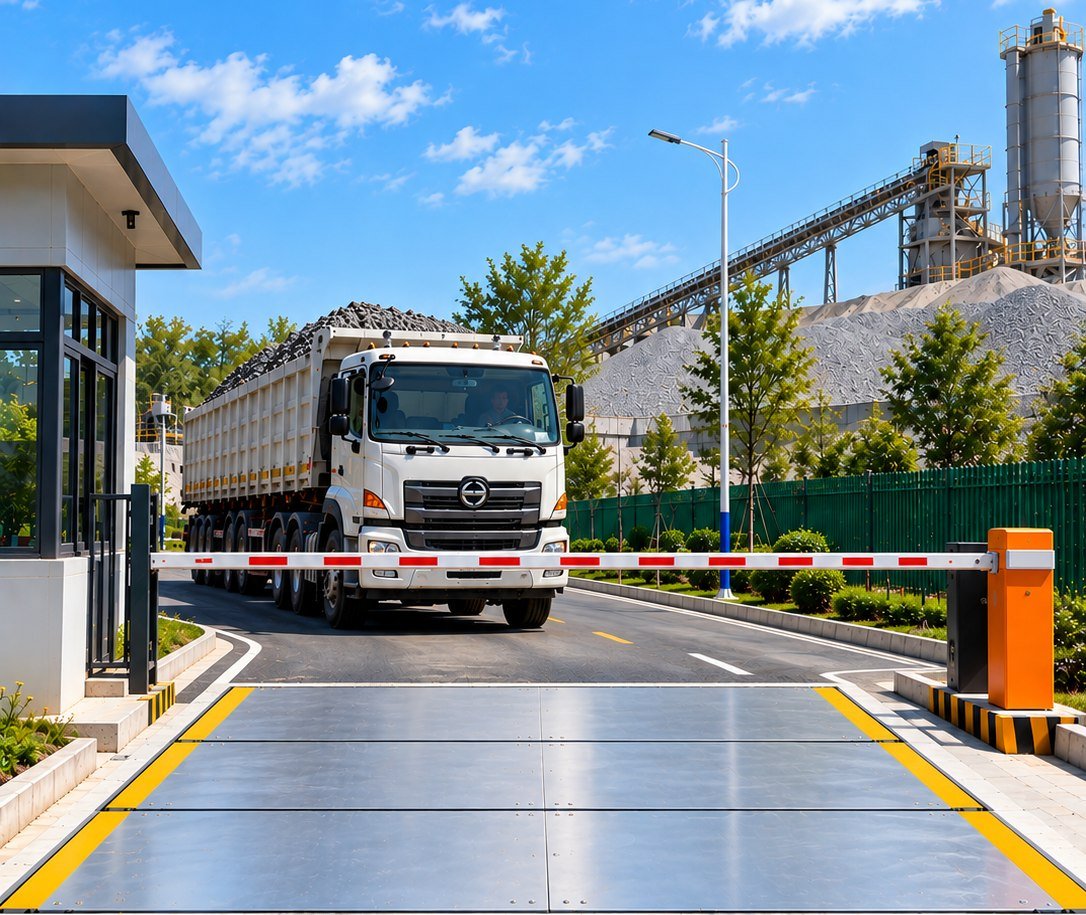 Loaded truck approaching a weighbridge platform and barrier gate
